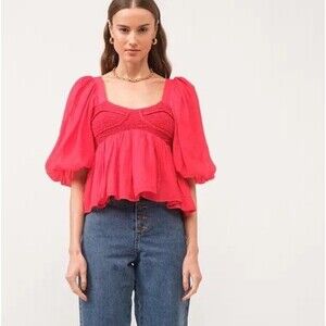 Sofie the label Red Puff Sleeve Smocked Ruffle Cropped Top Square Neck Size S